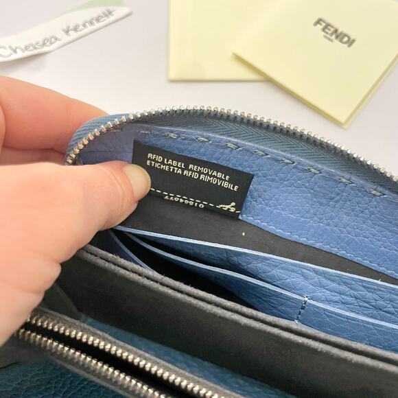Fendi Romano Selleria Zip Around Wallet Continental Blue Calfskin Thick Stitches - Picture 15 of 15